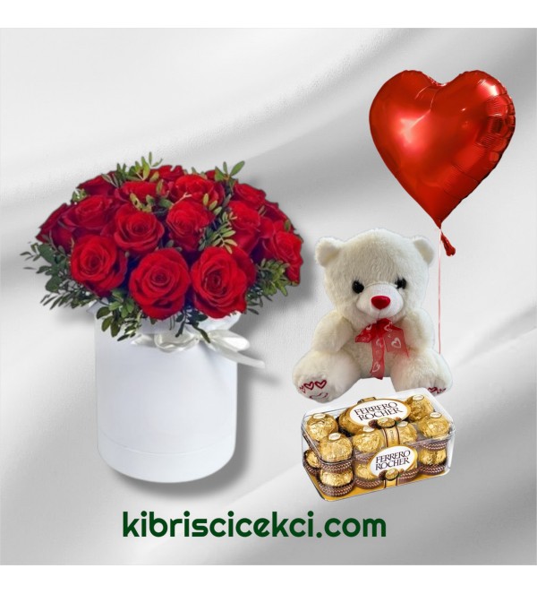 Kutuda 15 Kırmızı Gül Ayıcık 16'lı Ferrero Çikolata Kalp Helyum Balon